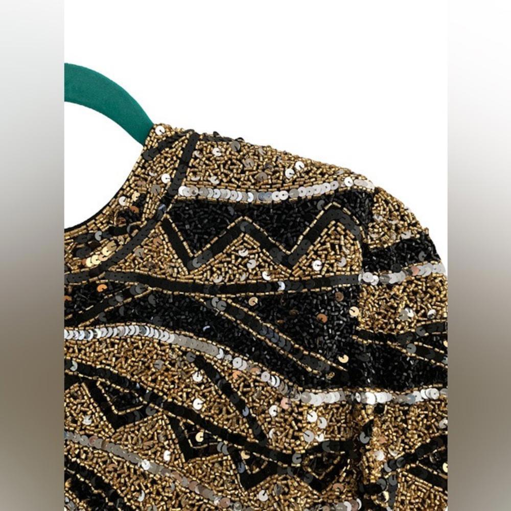 Vintage BLACK TIE OLEG CASSINI Oleg | SZ M | Embellished Beaded Sequin Silk Top - Picture 7 of 11